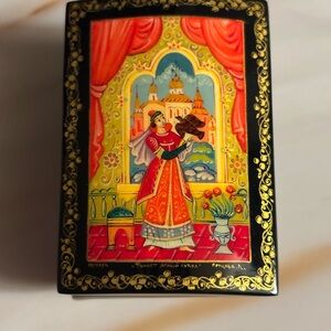 Vintage Russian Black Lacquer Hand Painted Trinket Box